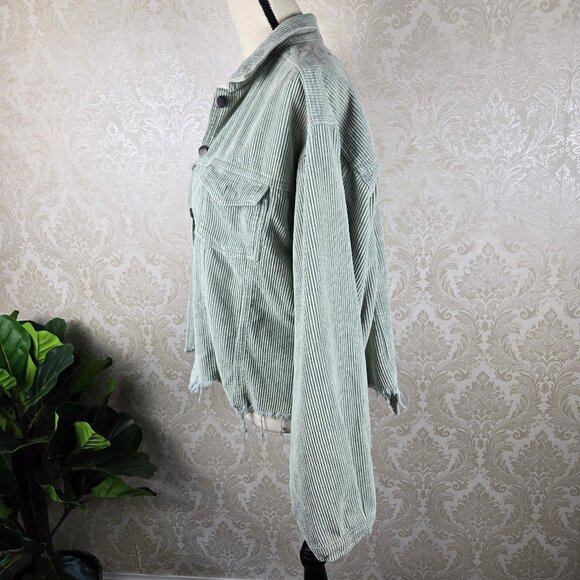 POL Size Large Light Green Corduroy Shacket Button Front Distressed Front Hem - Picture 8 of 15